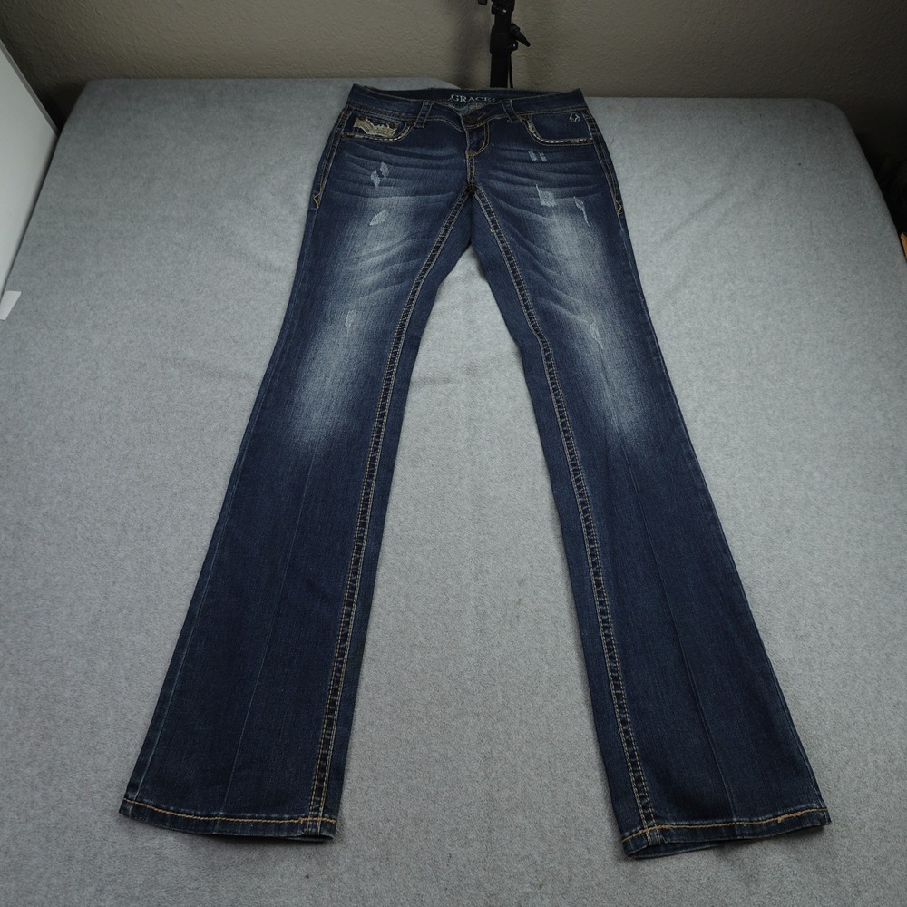 Grace in LA Jeans Womens 28 Blue Bootcut Denim Easy Fit Distressed Embellished